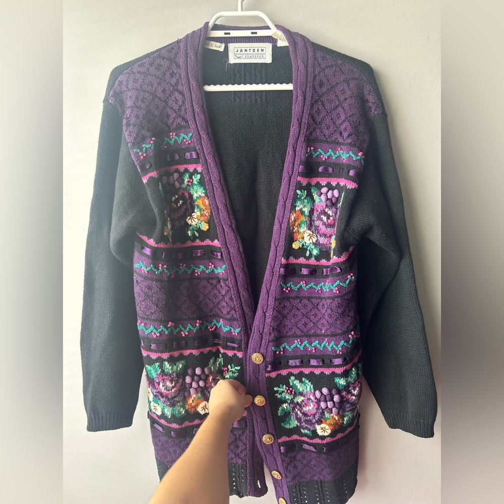 Vintage Jantzen Classics Embroidered by Hand Purple and Black Cardigan Sweater